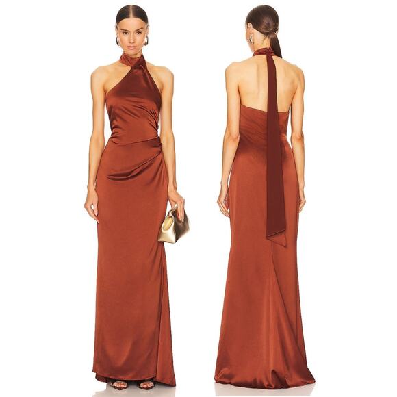 Nookie Entice Gown Maxi Satin Halter Party Formal Gala Wedding Prom Mocha XS - Picture 1 of 12